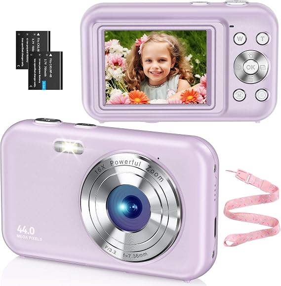Digital Camera FHD 1080P 44MP Ultra Thin Camera Digital Camera with Batteries Simple and Portable Digital Camera for Children / Boys / Girls / Students / Beginners / Seniors (Purple)