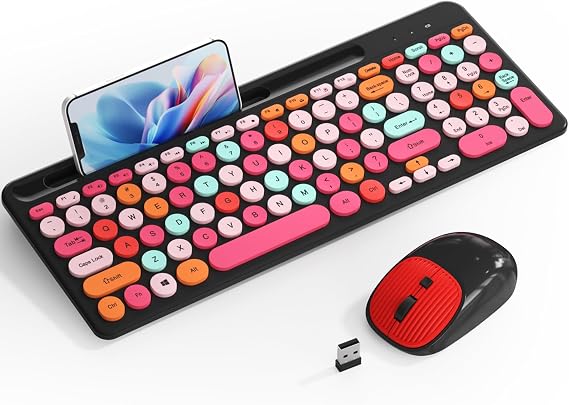 XISOGUU Kablosuz Klavye ve Fare Kombinasyonu, Retro Daktilo Yuvarlak Tuşlu Kablosuz Klavye, 2,4 GHz Tam Boy USB, Bilgisayar, Masaüstü, Dizüstü Bilgisayar ve Bilgisayar için Sevimli Kablosuz Klavye Fare