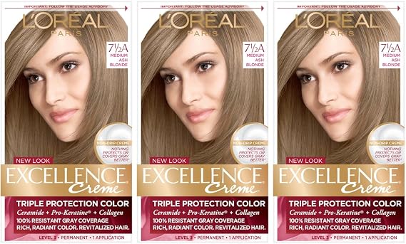 L'Oreal Paris Excellence Cream Permanent Hair Colour 7.5a Medium Ash Blonde (Pack of 3)