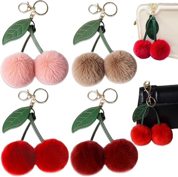 4 PCS Plush Cherry Keychains with Key Ring and Clip Bag Purse Charms Cute Cherry Keychain Soft Plush Keyfob Cherry Accessories for Handbag Wallet Car Phone Key for Women Girls