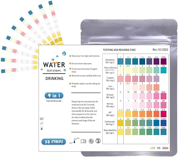 100 PCS 9-in-1 Aquarium Test Strips for Ponds & Fish Tanks - Water Test Kit for Free Chlorine, Nitrate, Nitrite, pH, Hardness (KH), Iron, Copper & Total Alkalinity