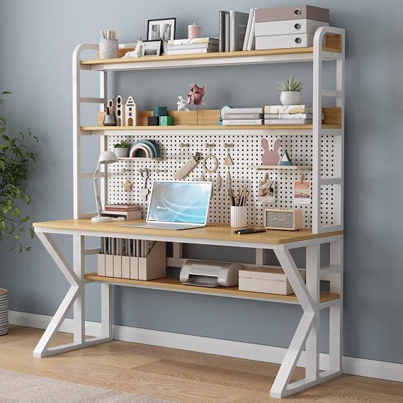 Computer Desk with Storage Shelves & Pegboard, Solid Wood Writing Desk Large Study Writing Workstation Table Modern Home Office Desk(31" W x 69" H x 23.6" D, Brown & White)