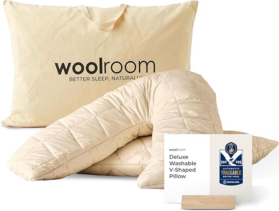 WOOLROOM Deluxe Washable V-Shaped Pillow (Premium Option) Traceable 100% Natural British Wool Adjustable V Shaped Bed Pillow, Allergy-Friendly Thermoregulating Organic Cotton Comfort, No Synthetics