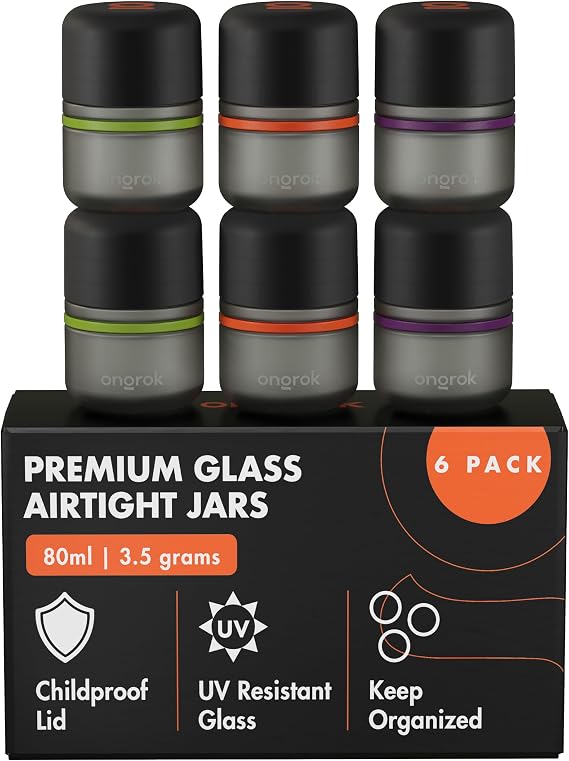 ONGROK Glass Storage Jar, 80ml, 6 Pack, UV Herb/Spice Jar with Child Resistant Lid, Color-Coded Glass Containers Air Proof to Preserve Smell and Aroma, Perfect Size to Store in a Drawer or Cupboard