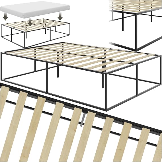 tectake® Double Bed Frame in Robust Steel in Minimalist Design, Bed Base with Poplar Wood Slats & 250 kg Load Capacity, Under-Bed Storage, Quick Assembly & Non-Slip Feet - 140 x 200 x 46.5 cm