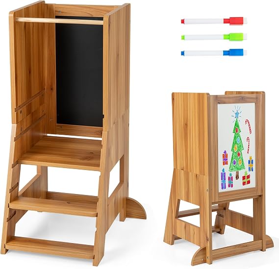 COSTWAY Kids Step Stool, Height Adjustable Toddler Kitchen Learning Tower with Safety Rail, Chalkboard & Whiteboard, Montessori Helper Stand for Kitchen Counter Bathroom Sink