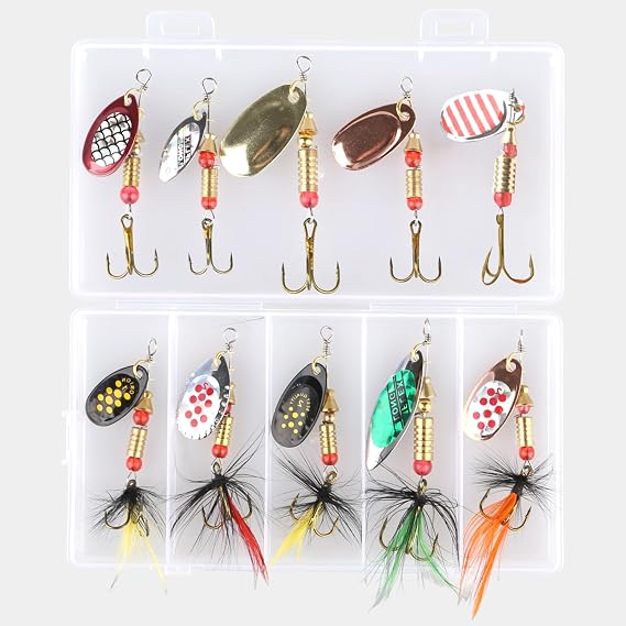 10Pcs Spinner Bait Set, Multi Colored Metal Fishing Spinners Fishing Lures Set Long Casting Vibration Spinner Blade Lures with Box for Sea Trout Perch Pike Chub Trout Salmon Predator Fishing
