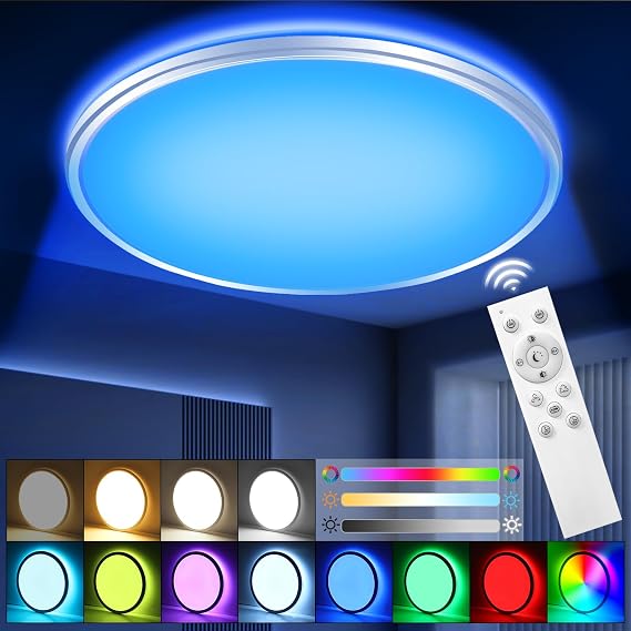 RGB LED Ceiling Light Dimmable with Remote Control，24W/3000LM Flat Circular Ceiling Lights,3000K-6500K,10 Level Brightness Adjustment,7 RGB Ceiling Lights for Bedroom,Bathroom,Living Room, Kitchen