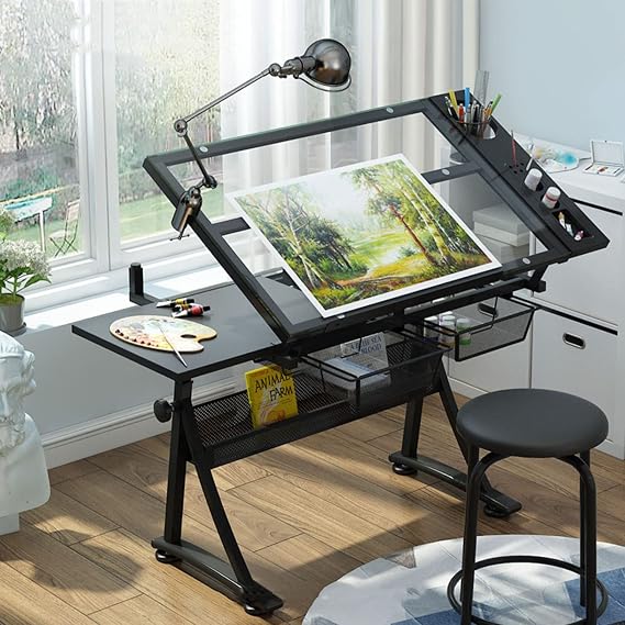 Drafting Table with Adjustable Height, Tilting Top, 2 Drawers & Side Tray - Ideal Desk for Drawing, Crafting & Writing - Home & Office Use