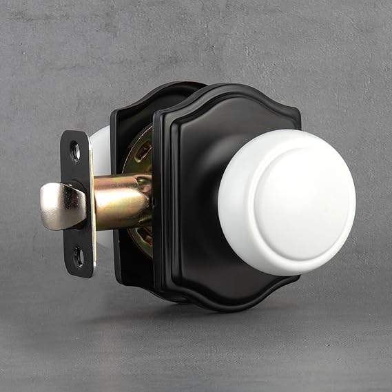 White & Black Door Knobs with Camelot Trim, Coastal Knob Style Passage Door Knob with Non-Locking for Hall