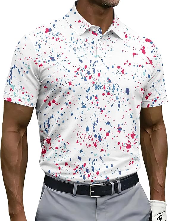Men's Golf Polo Shirts Short Sleeve Quick Dry Performance Moisture Wicking Golf Shirts Casual Print Collared Shirt