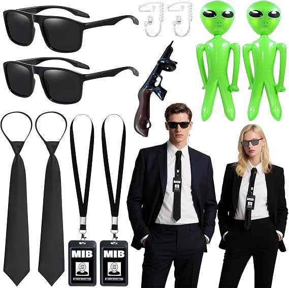 Agent Costume Accessories Set, Secret Agent Dress Up Kit with ID Holders Black Ties Sunglasses Earpieces Inflatable Green Aliens for Women Men Halloween Cosplay Carnival Fancy Dress