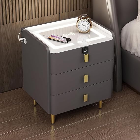 LED Nightstand Bedside Table, Solid Wood Nightstand With 3 Drawers, USB,Modern Sofa Couch End Side Table for Bedroom Living Room,Easy To Assemble(Black,40 * 40 * 58 cm)