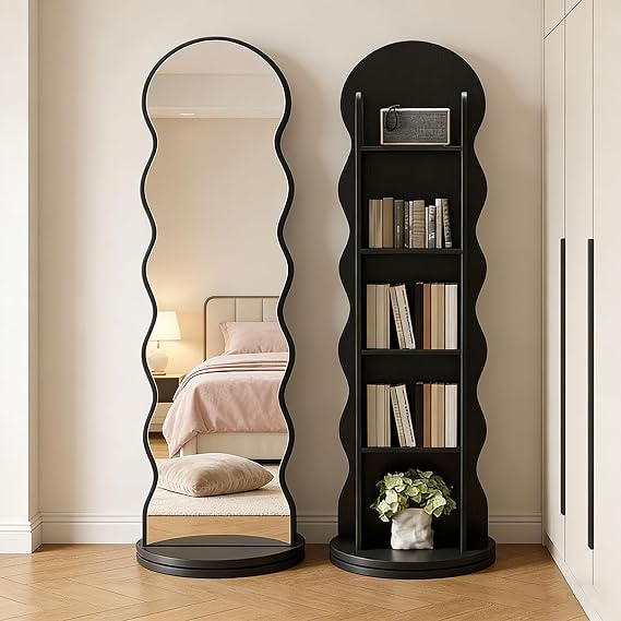 360° Rotating Full Length Mirror with Bookcase, High 66.9IN