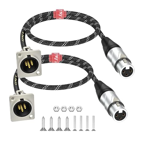 J&D D Type XLR Cable, 2 Pack XLR Pass Through Cable, Female to Male Adapter Nylon Braid for Stage Box, Patch Panel, Panel Mount, Floor Box, No Solder for Pro Audio Installation, 2 Feet/0.6 Meter