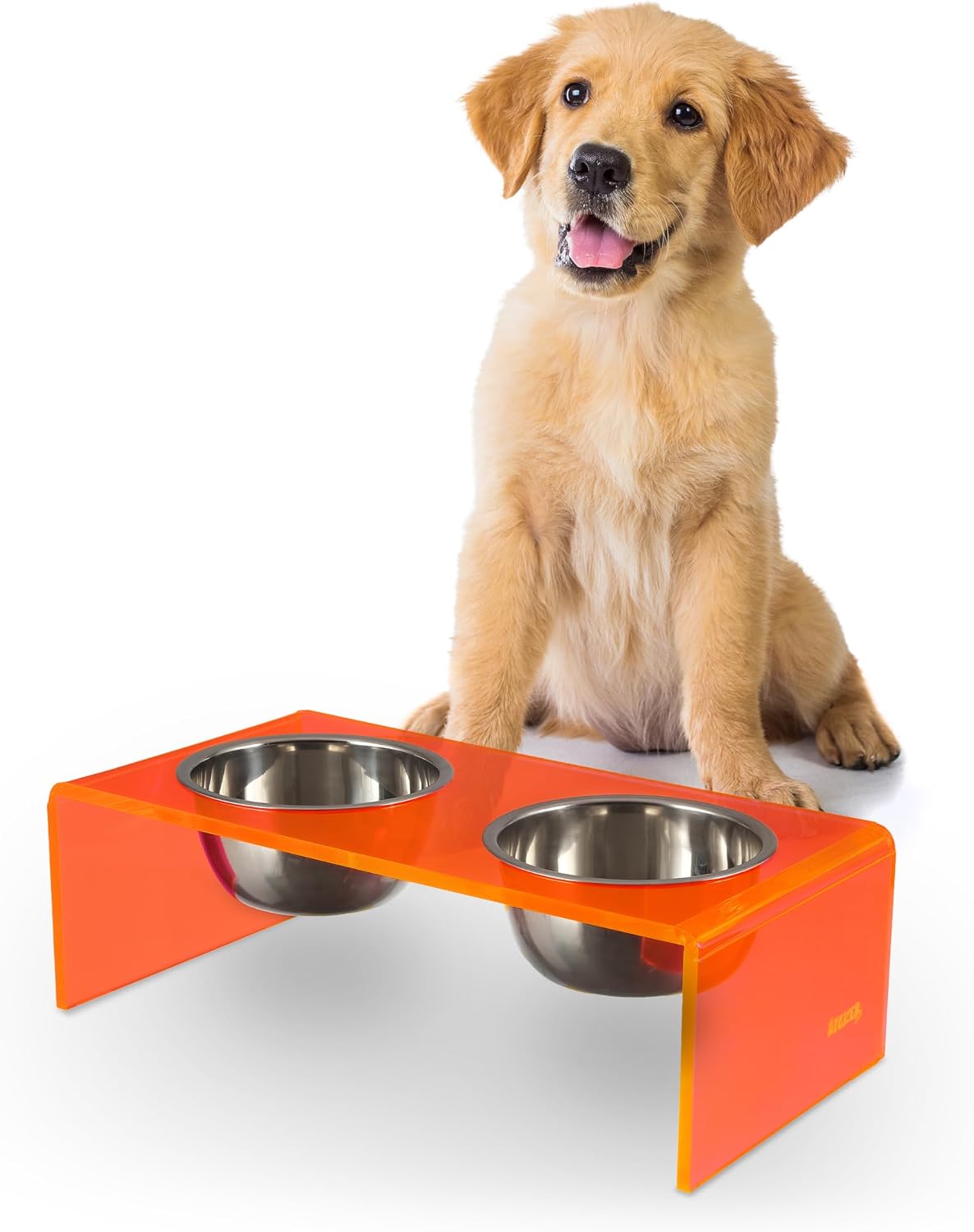 DBL2000E Keaton 5" SmallMedium Modern Acrylic Rectangular Elevated Pet Feeder with 20oz 2-Stainless Steel Bowls, PinkChrome