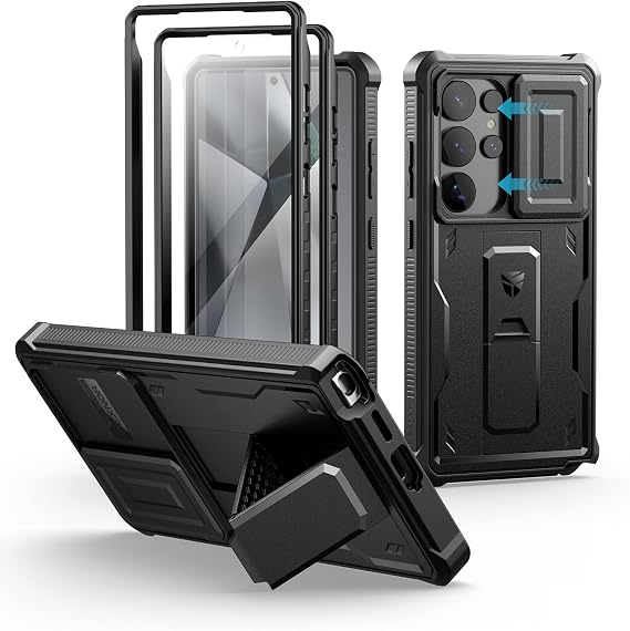 Dexnor Compatible with Samsung Galaxy S25 Ultra Case with Built-in Sliding Camera Cover & Screen Protector & Kickstand Heavy Duty Shockproof Robust Full Body Bumper Mobile Phone Case - Black