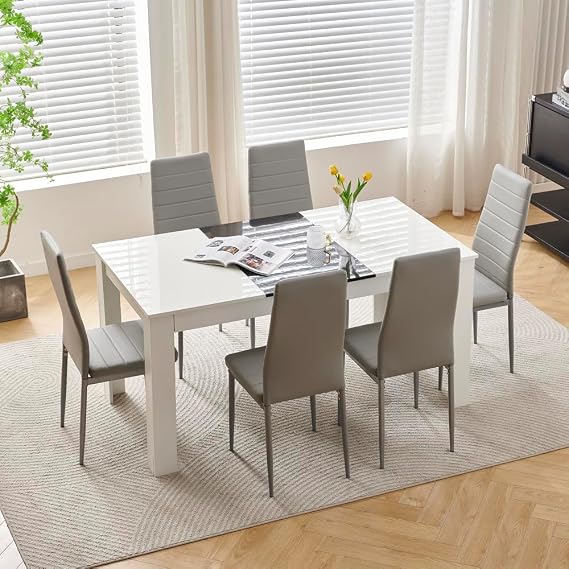 150 cm Dining Table and 6 Chairs, 6 Seater Table and Chairs Set, 7 Pieces Kitchen Dining Room Set for 6, Compact, Space Saving (Grey Faux Leather Line, 150cm, 6 Seats)