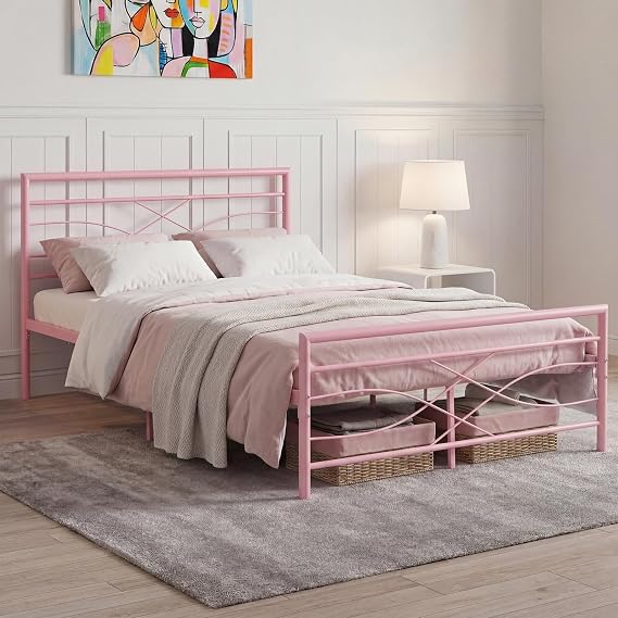 Panana Small Double 4FT Metal Bed Frame with Headboard and Footboard,Pink