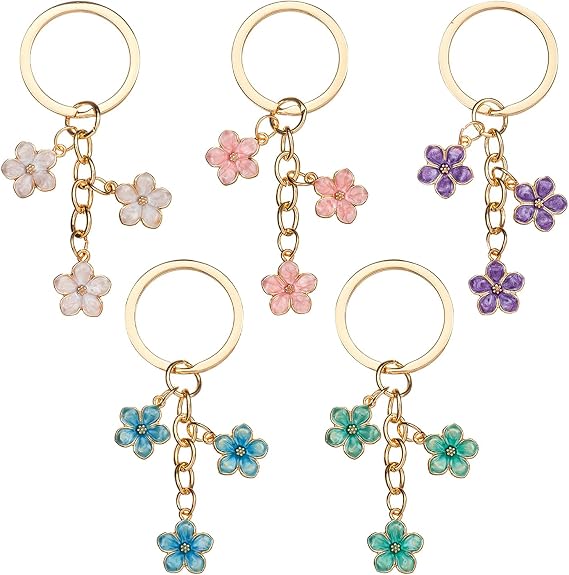 5 Pcs Cute Keychain, Cute Flower Keyring, Keyrings for Women, Flower Gold Keychain Bag Charm, Keyring Accessories Purse Charms, for Bag Accessories, Key Pendant, for Girls Women Gift