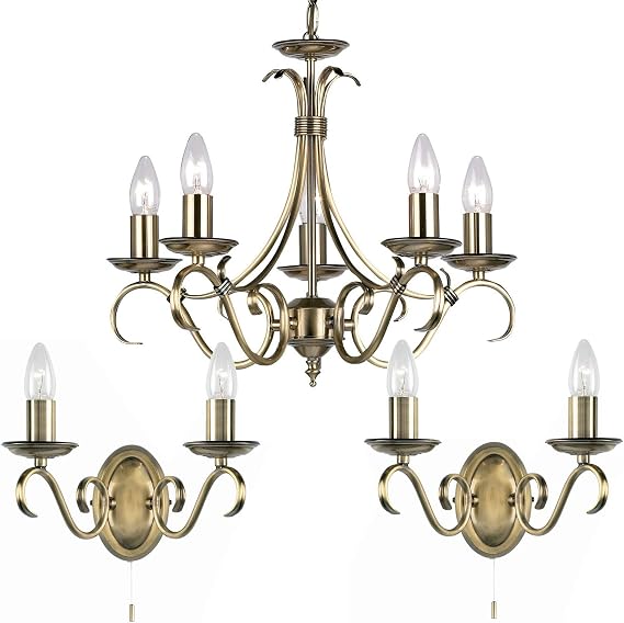 Flush/Hanging 5 Bulb Ceiling & 2X Twin Wall Light Pack | Classic Antique Brass Chandelier Set | Matching Indoor Lamp Fittings | Modern/Vintage Lounge Bedroom Lighting | LED & Dimmable kit