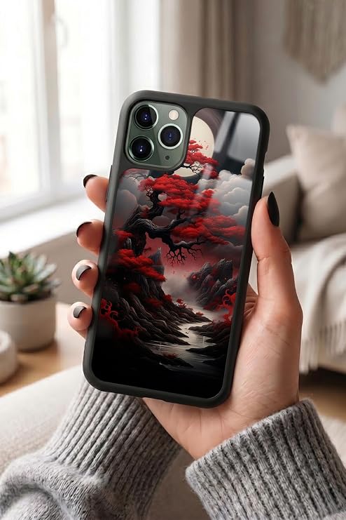 Apple iPhone 11 Pro ile Uyumlu Kırmızı Ağaç Tasarımlı Glossy Premium Silikon Kılıf, Siyah