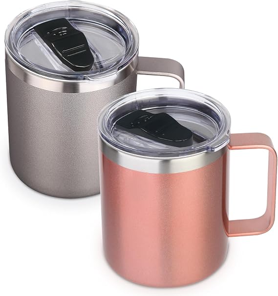 Volhoply 14oz Insulated Stainless Steel Coffee Mug with Lid Bulk 2 Pack,Double Wall Vacuum Travel Coffee Cup with Handle,Reusable Metal Tumbler,Camping Mugs Keep Hot&Cold,Christmas Gifts(Mix,2)