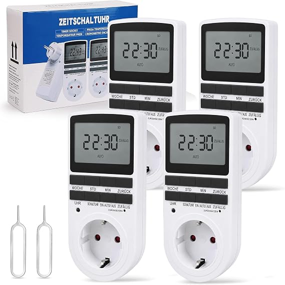 Custom-Made German Version Digital Timer Switch - 4 Pieces Digital Electric Timer Socket with German System and Buttons 10 Configurable Programs 12/24h Mode White