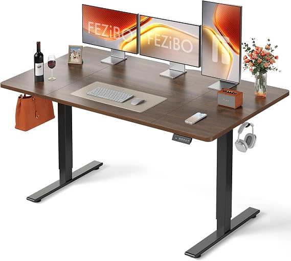 FEZIBO Electric Height Adjustable Standing Desk with digital display control panel, 80x160 Ergonomic Home Office Table for sit stand with 4 Pieces Splice Board & BlackWalnut Wood Grain Surface