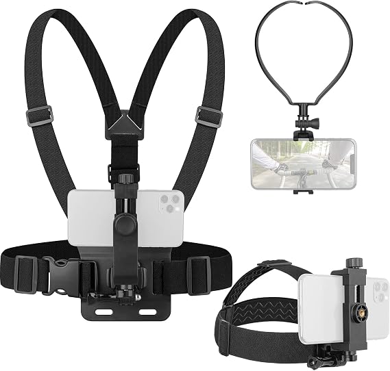 ChromLives Phone Strap Mount Set, Chest Strap Mount+Phone Head Mount +Phone Neck Holder,3 in 1 Hands Free Phone Holder for Neck Head Chest Compatible with iPhone,Gopro Hero and More