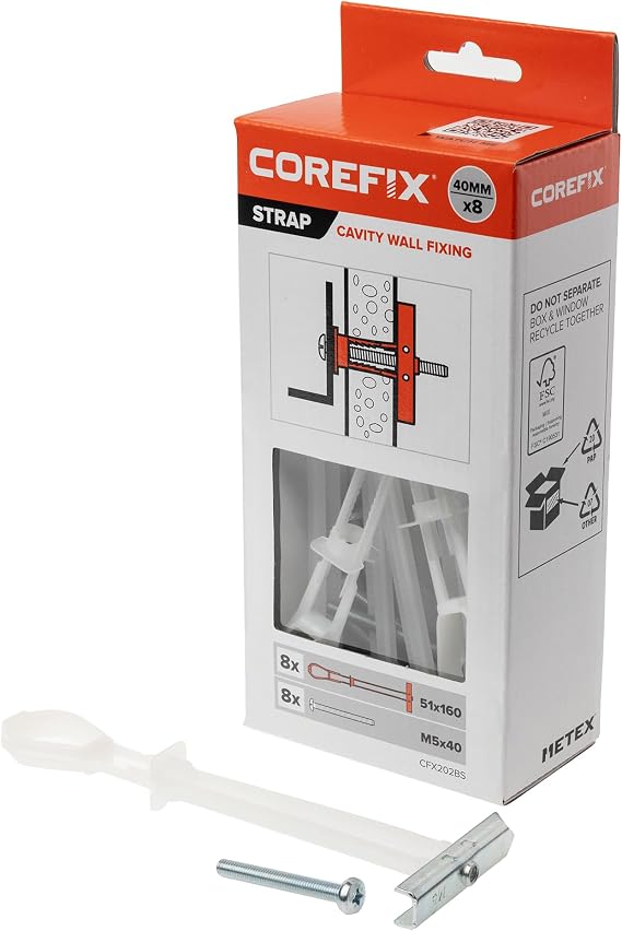 Corefix Strap Cavity Wall Fixing 8 Pack (M5x40mm), Heavy Duty Metal Universal Toggle for Plasterboard, Hollow Brick or Block. Secure Hold, Easy to Install & Adjustable Up to 30mm Deep.
