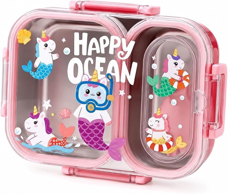 Vagonlife Bento 600ml Lunchbox Sevimli Desenli Tek Katlı 2 Bölmeli Sızdırmaz Paslanmaz Çelik Sefer Tası Çocuk Okul Yemek Kutusu Plastik Kaşık Hediyeli BPA Yok Özel Kutulu - Pembe