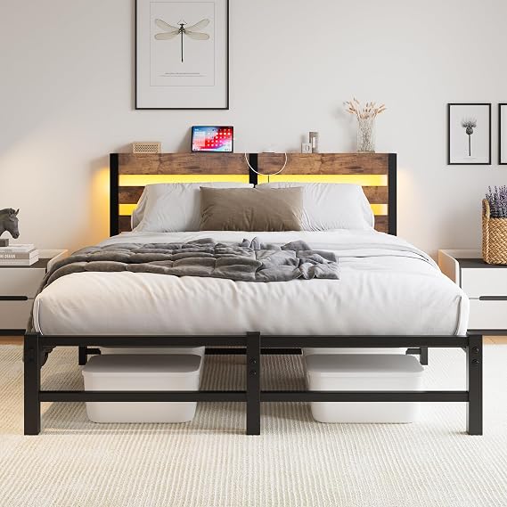 4ft6 Double Bed Frame with Charging Station and LED Lights, Heavy Duty Metal Platform Double 135x190 cm Bed Frame with Wood Storage Headboard, No Box Spring Needed, Noise Free, Brown