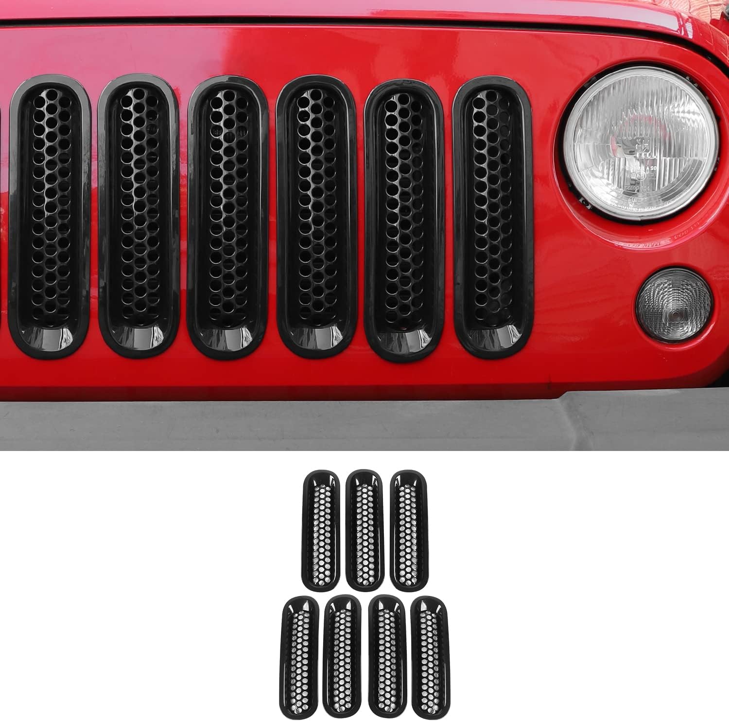 JeCar Front Grille Mesh Grille Insert Kit Honeycomb 3D Design Jeep Wrangler JK & Unlimited 2007-2017 7pcs Black JeCarJ2