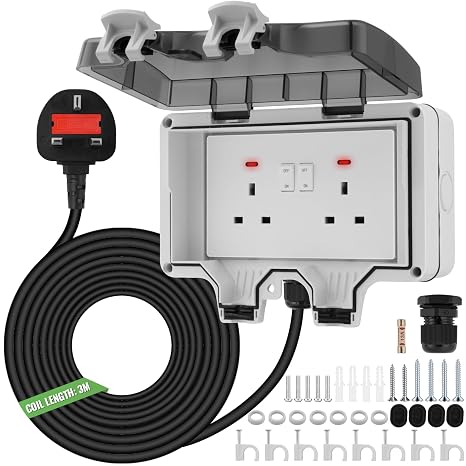 Double Outdoor Socket with 3m Extension Lead, IP66 Waterproof External Socket, 13A 2 Gang Storm Switched Power Socket, Outlet Cover Box with Switches & Indicator Lights for Garden, Patio, Garage Use