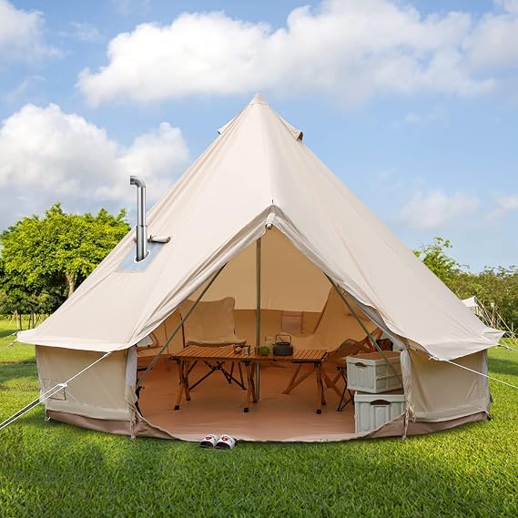 Luxury Cotton Bell Tent with Stove Jack, Outdoor Canvas Tent for 4/6/8/10 Person Family 4 Season Camping (13' (4M), Beige)