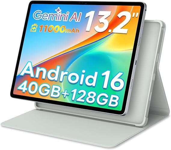 Android 16 Tablet, 13.2 Inch Tablet With 40(8+32) GB RAM+128GB ROM/1TB TF, T7300 Octa-Core, 2K Display, 11000mAh, 13MP+8MP, 4G LTE, 5G WiFi, BT5.0, Gemini AI Tablet With Protective Case, Grey
