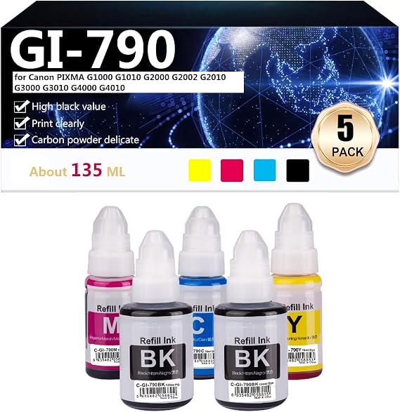 Compatible GI-790 Ink (135ml/70ml) Replacement for GI-790 GI 790 Ink Bottle for Canon PIXMA G1000 G1010 G2000 G2002 G2010 G3000 G3010 G4000 G4010 Printer,1 set