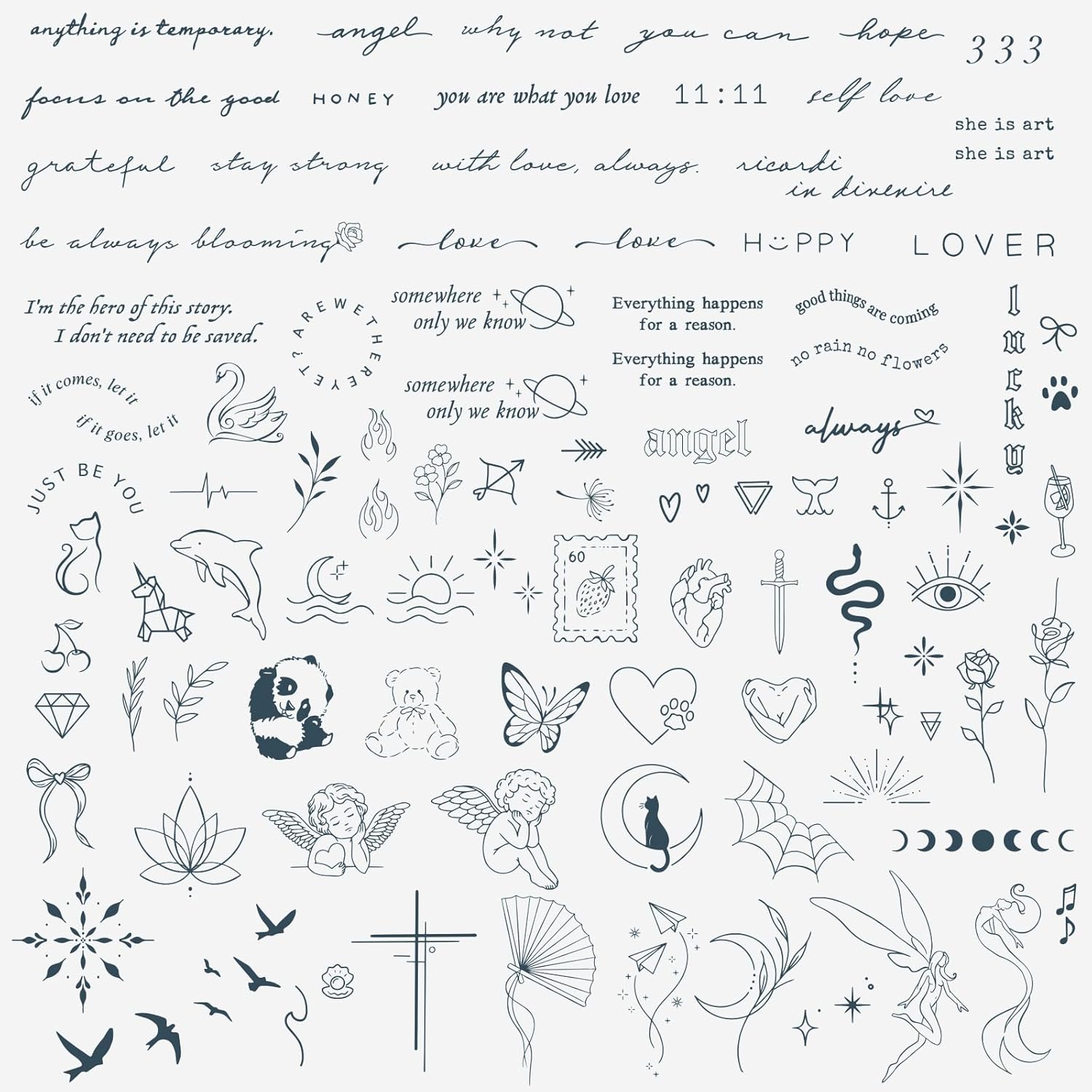3 Sheets Fine Line Temporary Tattoos for Women, Waterproof Semi-Permanent 2 Weeks Long Lasting, Quotes, Celestial Botanical Minimalist Designs for Finger, Hand and Wrist