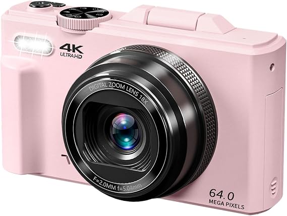 4K Digital Camera for Photography and Vlogging with 64MP, 3" 180° Flip Screen, 18X Digital Zoom, and 32GB Micro SD Card for Beginners (Light Pink)"}