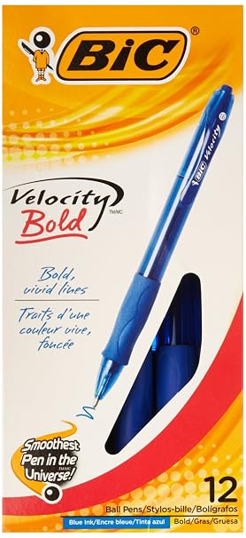 BIC Velocity Retractable Ballpoint Pen, Blue Ink, 1.6mm, Bold, Dozen