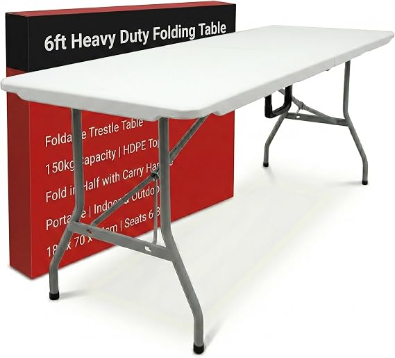 6ft Heavy Duty Folding Table - Foldable Trestle Table Fold in Half with Carry Handle - 150kg Capacity HDPE Top - Catering Banquet Dining Party Event Table (White, 180cm)