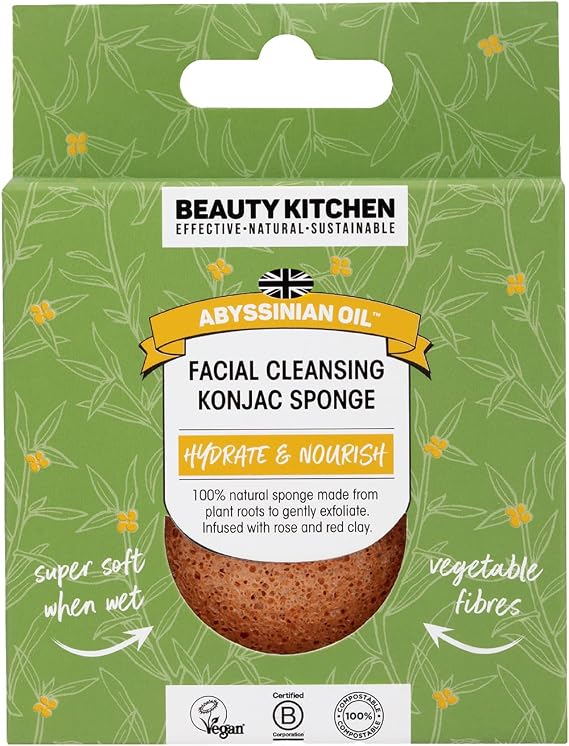 Beauty Kitchen - Hydrating Abyssinian Oil Facial Cleansing Konjac Sponge - Gentle & Effective Facial Cleanser - Prevents Clogged Pores/Blackheads - Vegan/Cruelty Free