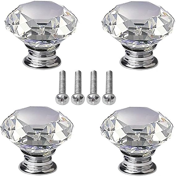 4 pcs Crystal Knobs, 40 mm Diamond Drawer Cabinet Door Pull Crystal Door Handles with Screws for Home Kitchen Office Chest Bin, Dresser