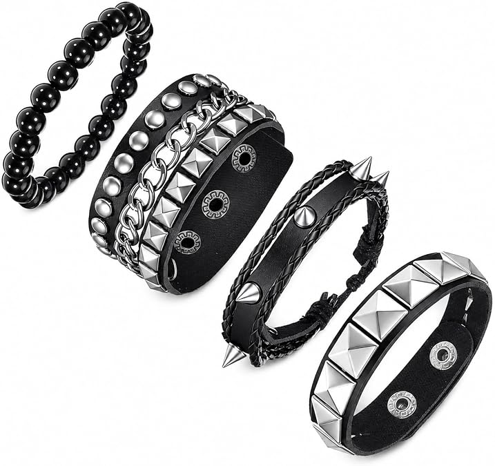 4 PCS Studded Bracelet, Punk Rock Bracelets, Emo Spike Bracelets Leather Snap Button Metal 80s Wristband Cuff Wrap Bangle Adjustable for Men Women Rocker Outfits Accessories