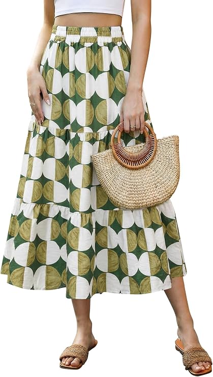 Adigaber Women Long Skirts Elasticated Waist Floral Print Vintage A-Line Calf Length Skirts