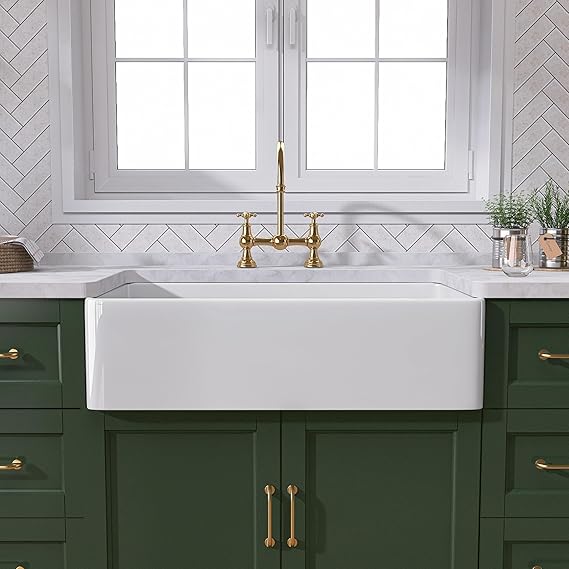 TUKTUK White Farmhouse Sink 30 Inch Fireclay Apron Front Farm Sink Single Bowl Kitchen Sinks Deep Large Capacity Porcelain Ceramic Sink Undermount Luxury Bottom Grid & Strainer Drain Included