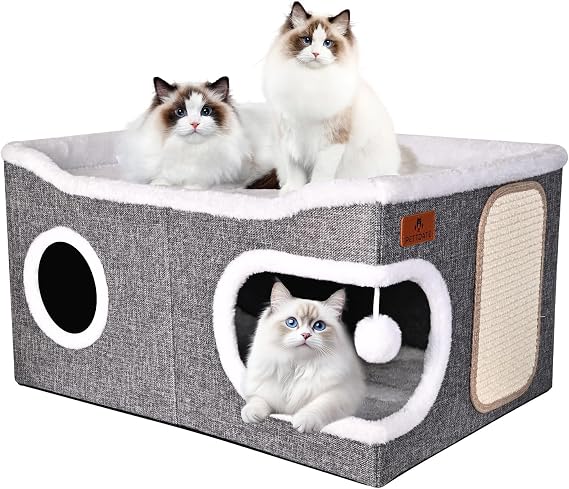 Extra Large Cat Beds for Indoor Cats Covered Cat Cave Beds & Furniture with Scratch Pad and Fluffy Ball Foldable Cat Hideaway with Reversible Cushion for Multi Small Pet Large Kitty