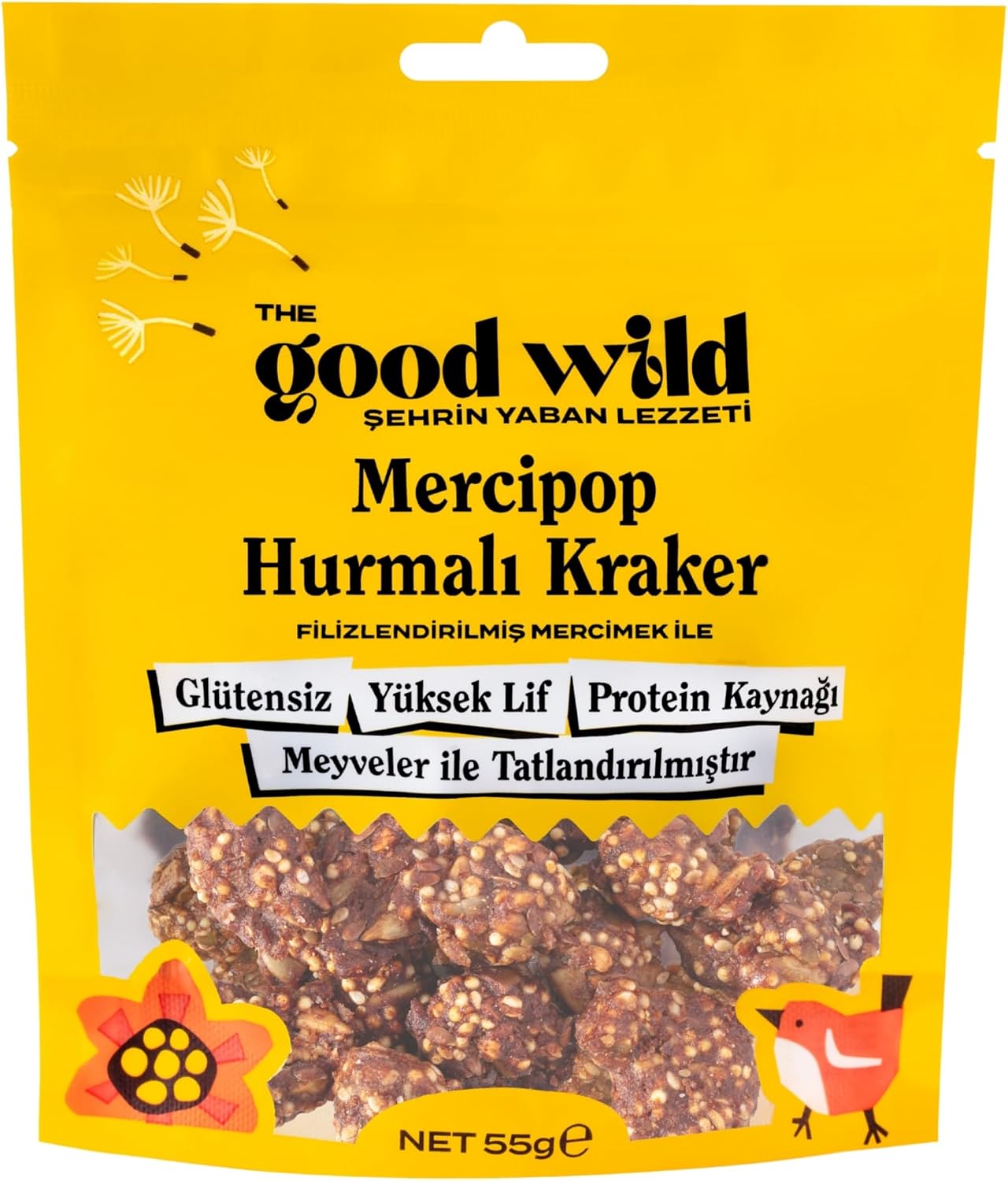 Mercipop Hurmalı Kraker - Glutensiz Atıştırmalık, İlave Şekersiz, Hurma Püreli, Ayçekirdeği ve Tohumlu, 55 g