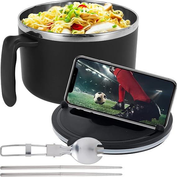 1200ml Rapid Ramen Bowl with Filterable Lid,Ramen Cooker Soup Bowls with Folding Spoon Chopsticks Tableware Instant Serving Bowl Stainless Steel,Noodle Bowl Ramen Cooker Bowl Salad Pasta Bowl (Black)